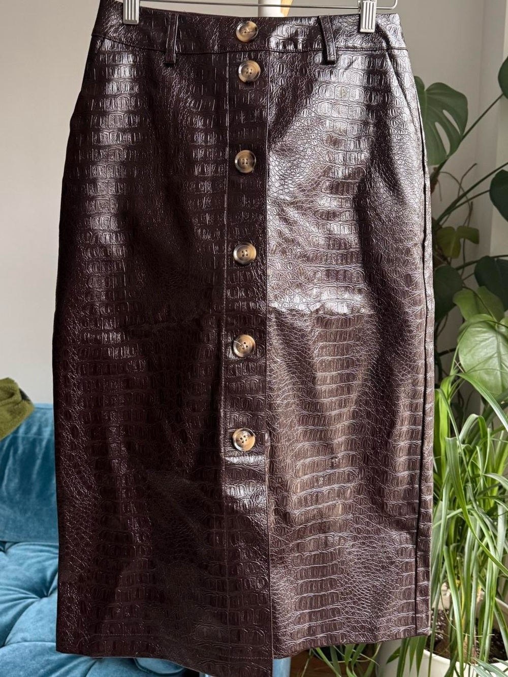 Rachel Comey Dark Brown Faux Croc Button-Front Midi Skirt size US 4
